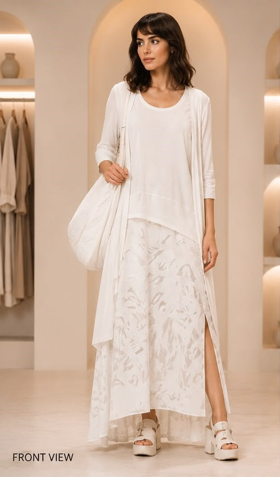 Ivory Layered Maxi Co-Ord Set – Elegant Asymmetrical Cardigan & Printed Wide-Leg Pants Hover Image