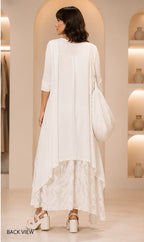 Ivory Layered Maxi Co-Ord Set – Elegant Asymmetrical Cardigan & Printed Wide-Leg Pants