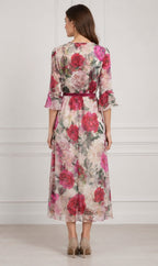 Rose Garden Floral Chiffon Midi Dress with Waist Tie Belt