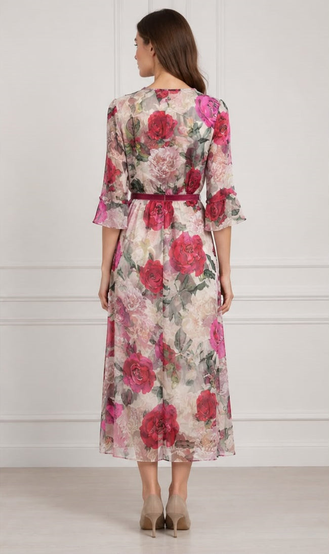 Rose Garden Floral Chiffon Midi Dress with Waist Tie Belt Main Image