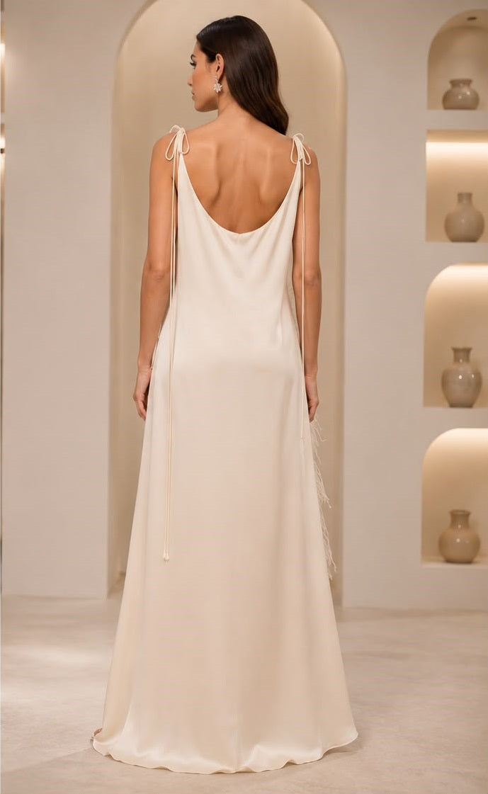 Ivory Feather Trim Satin Maxi Dress – Elegant Cowl Neck Evening Gown