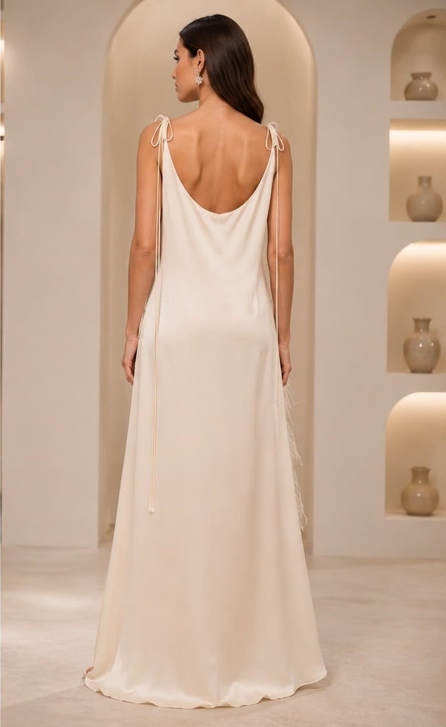 Ivory Feather Trim Satin Maxi Dress – Elegant Cowl Neck Evening Gown Main Image