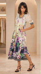 Watercolor Floral Midi Dress – Elegant Puff Sleeve V-Neck Day Dress justt_baloach