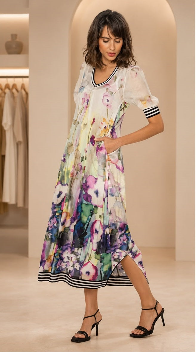 Watercolor Floral Midi Dress – Elegant Puff Sleeve V-Neck Day Dress justt_baloach