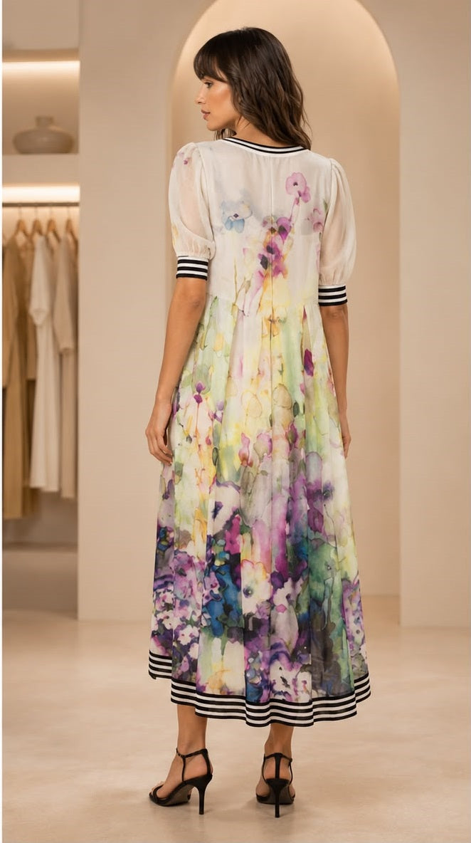 Watercolor Floral Midi Dress – Elegant Puff Sleeve V-Neck Day Dress justt_baloach